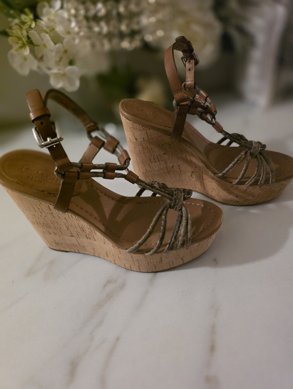Coach Tan Cork Wedge Sandals with Braided Straps